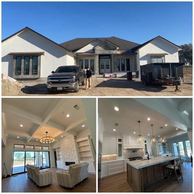 New white home exterior and two bright interior rooms with vaulted ceilings and modern kitchen
