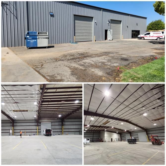 Gray metal warehouse exterior and two interior views of a large empty industrial building with concrete floors and high ceilings