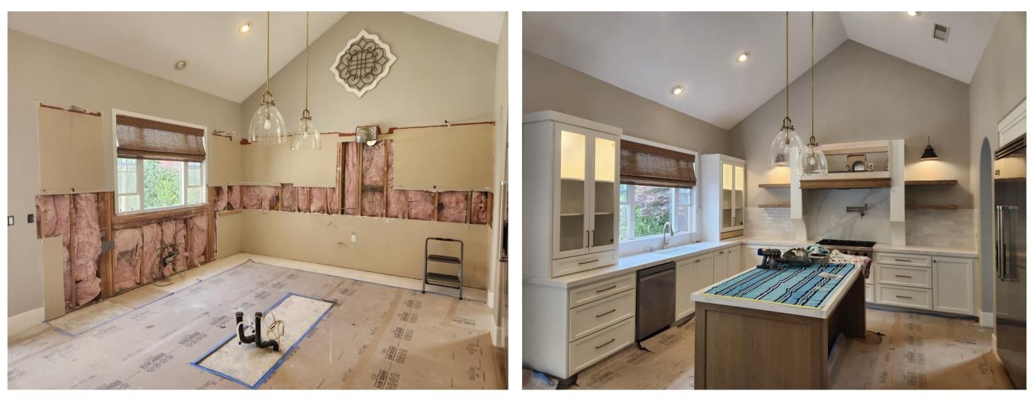 Empty room beside modern kitchen with cream walls, tiled floor, and gray cabinets; two interior views.