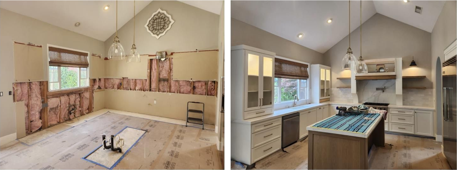 Empty bathroom with beige marble tile, glass shower, freestanding tub, and vanity under vaulted ceiling