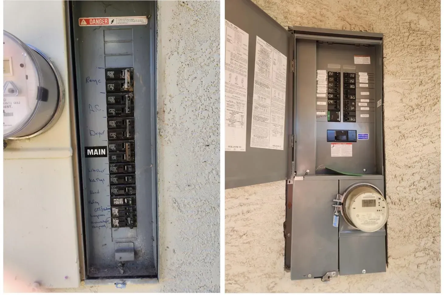 Two electrical meter panels on a stucco wall, one open and one closed, with a round meter on the right.