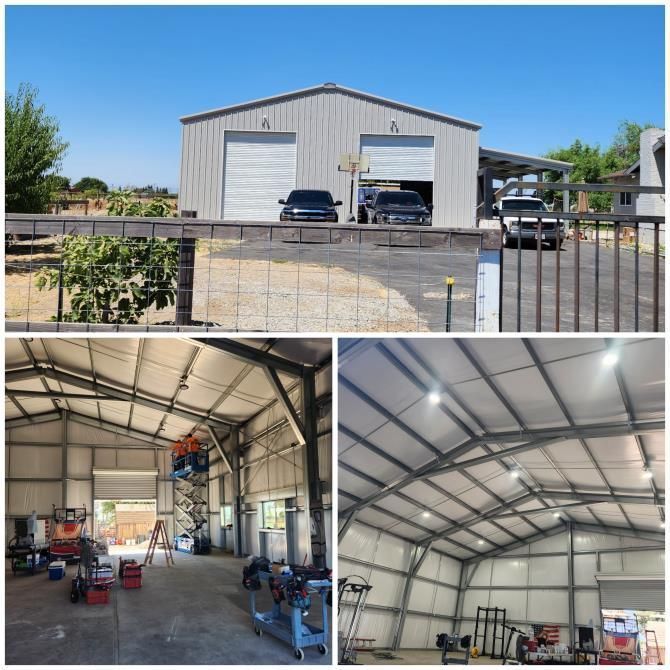 Industrial warehouse exterior and two interior views with metal framing, tools, and equipment inside.