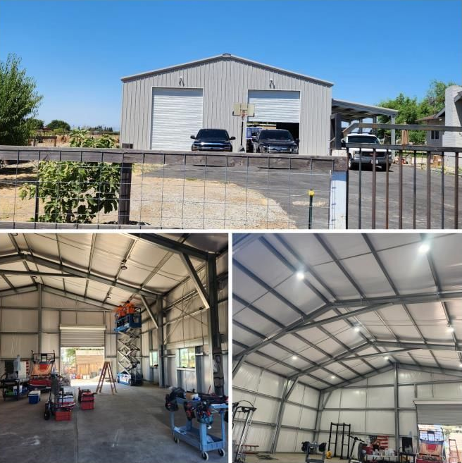 Workshop building exterior and interior views, with parked vehicles and equipment inside a large metal garage.