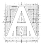 White logo with a large outlined “A” over a blueprints-style background and faint text underneath