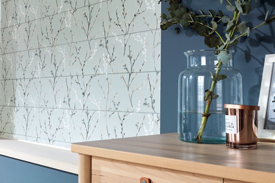 Light Blue Floral Blinds With Wooden Cabinet — Winning Blinds in Cardiff, NSW