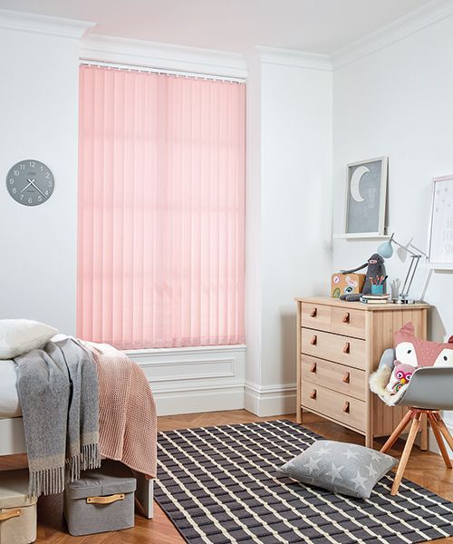Pink Vertical Blinds In A Bright Bedroom — Winning Blinds in Cardiff, NSW
