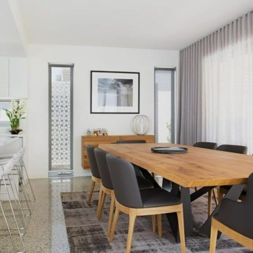 A Dining Room With a Large Wooden Table and Chairs — Winning Blinds in Cardiff, NSW