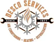 Logo for Desco Services, orange text, wrenches, snowflake, flame, indicating Air Conditioning, Heating, Refrigeration