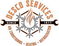 Logo for Desco Services, orange text, wrenches, snowflake, flame, indicating Air Conditioning, Heating, Refrigeration