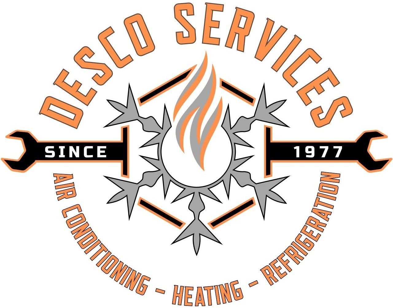 Logo for Desco Services, orange text, wrenches, snowflake, flame, indicating Air Conditioning, Heating, Refrigeration