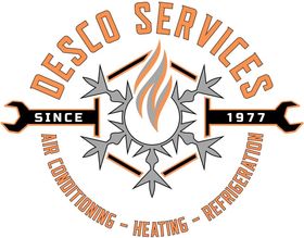 Logo for Desco Services, orange text, wrenches, snowflake, flame, indicating Air Conditioning, Heating, Refrigeration