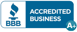 BBB Accredited Business logo, blue and white with flame, A+ rating.