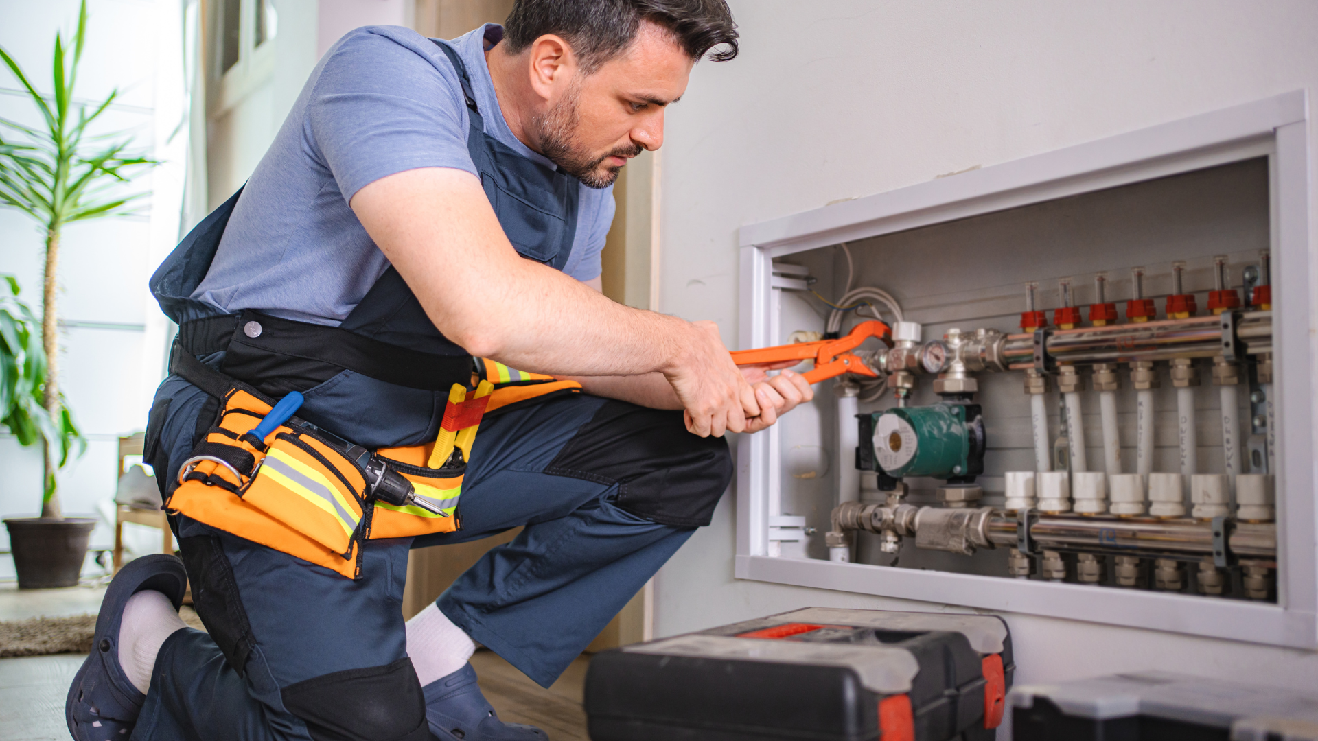 Plumber kneeling, using a wrench on pipes within a utility panel, indoors. Tool belt visible, focused expression.