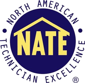 Circle logo with a yellow house icon over the text NATE on a blue background, ringed by NORTH AMERICAN TECHNICIAN EXCELLENCE