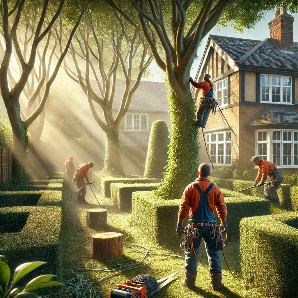 A group of men are working in a garden in front of a house.