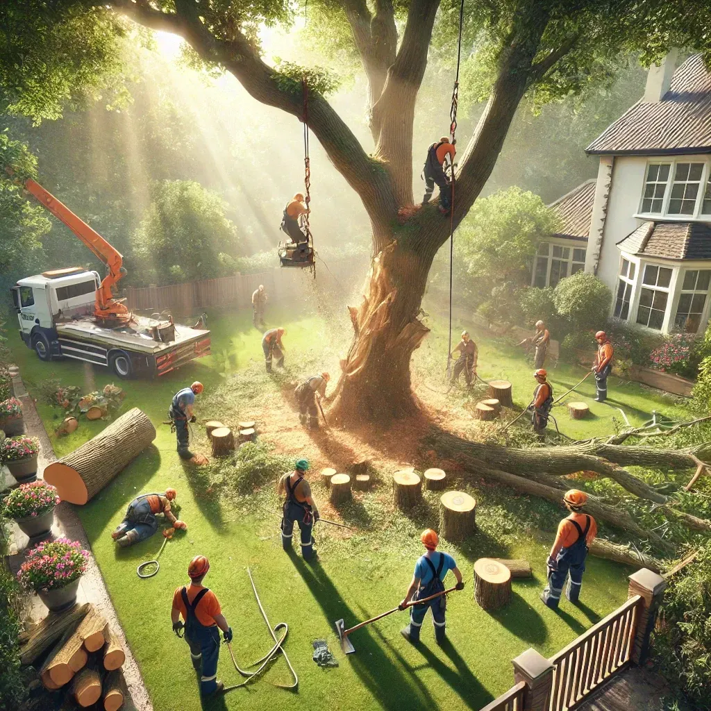 A group of people are working on a tree in a yard.
