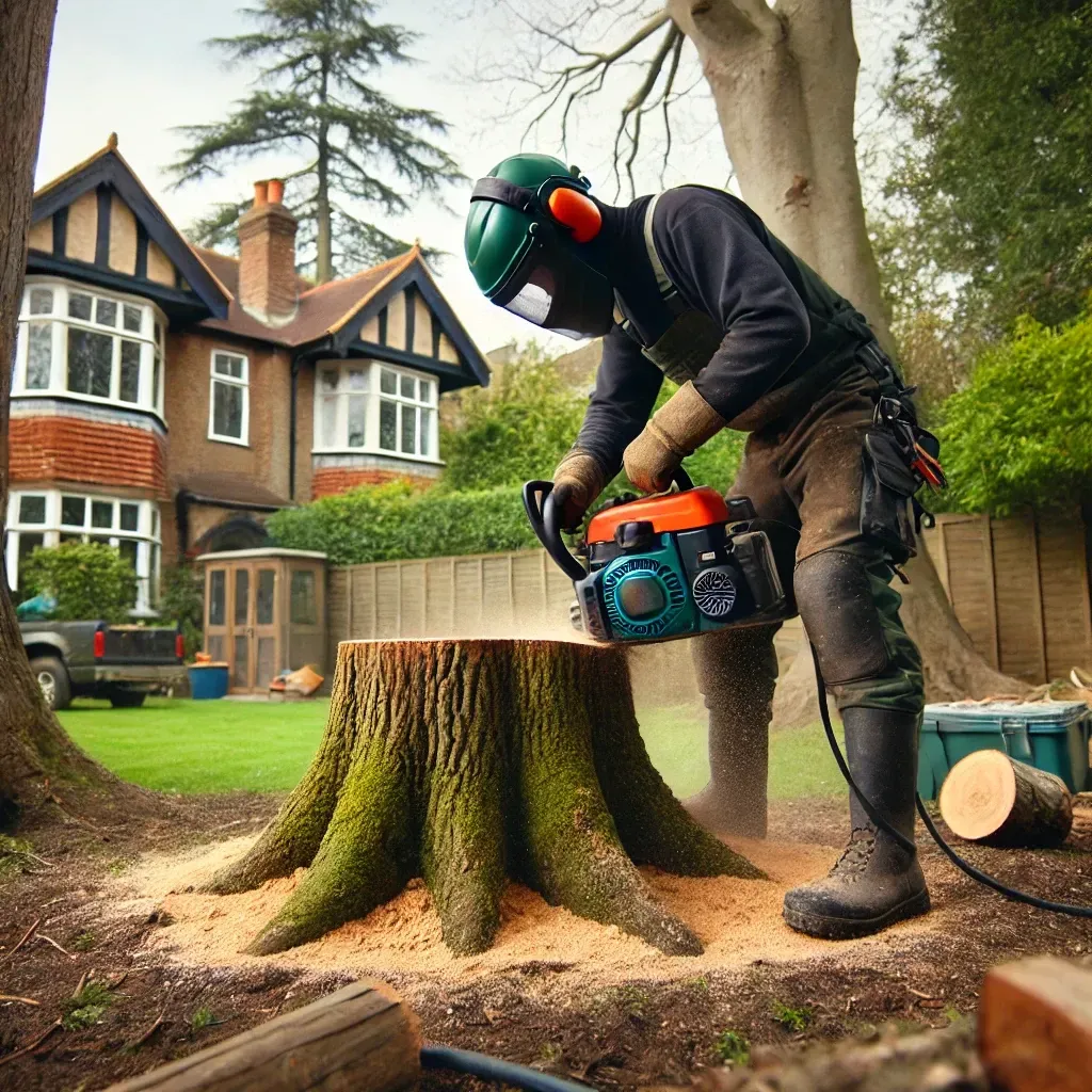A man is cutting a tree stump with a chainsaw