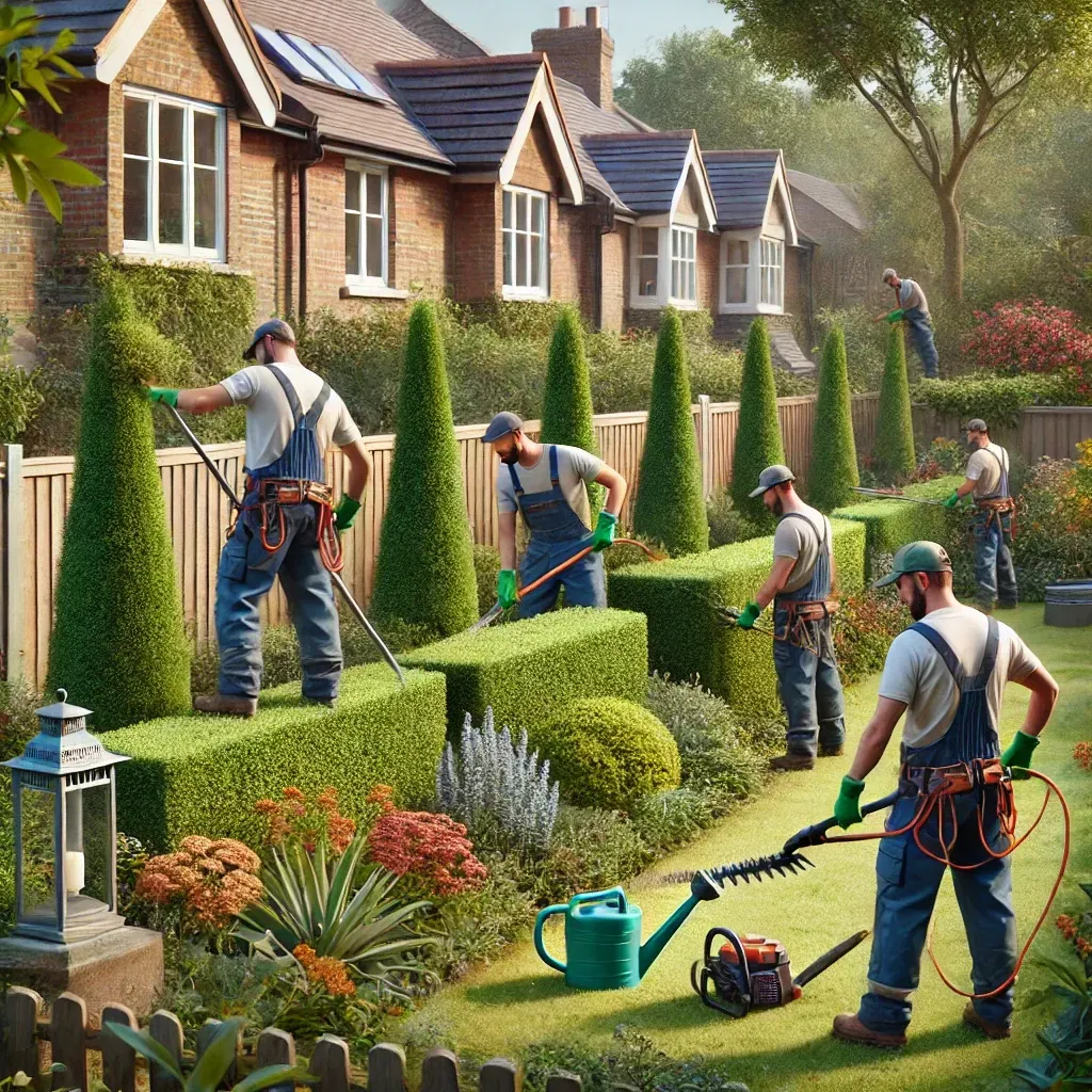 A group of men are working in a garden in front of a house.