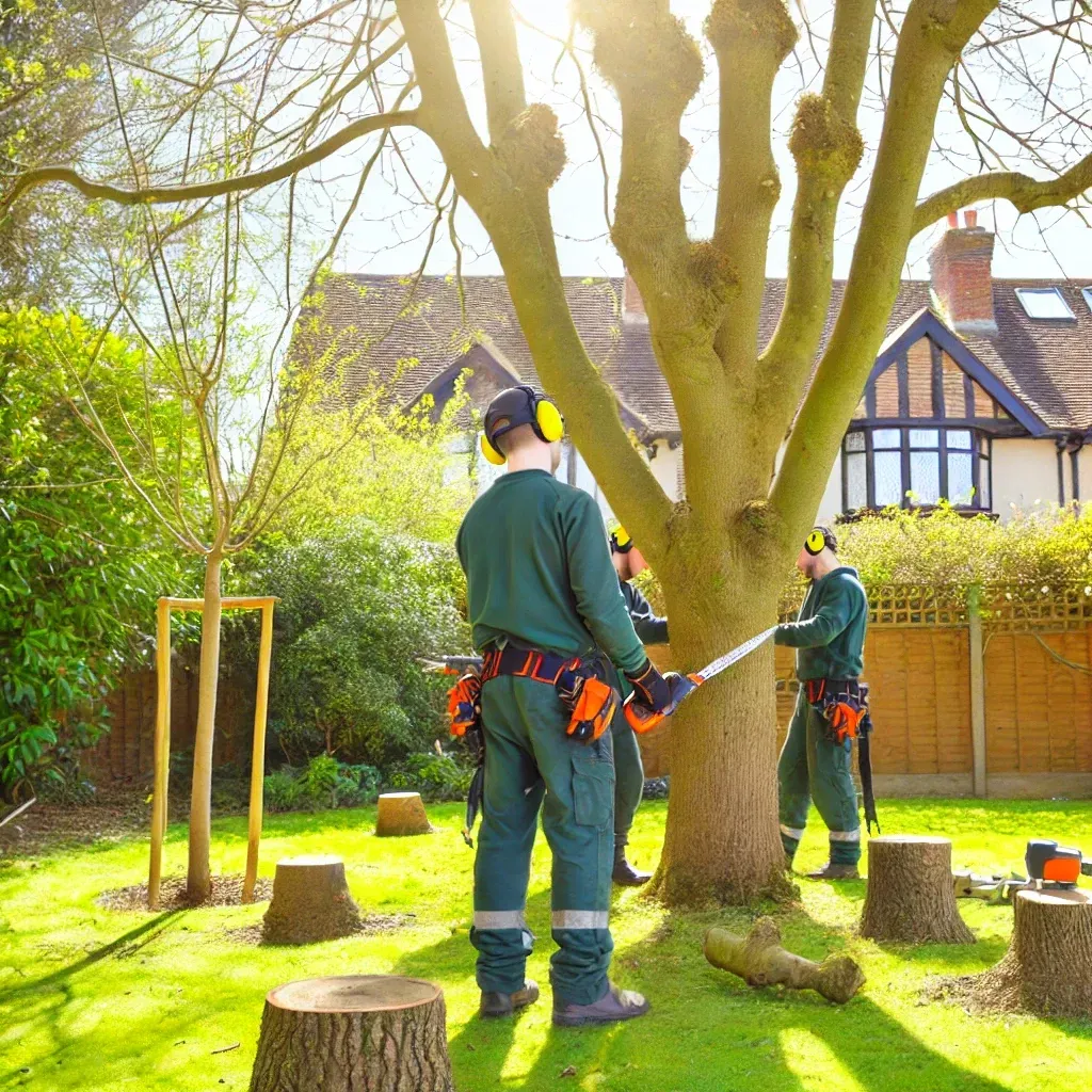 Two men are cutting a tree with a chainsaw in a yard.