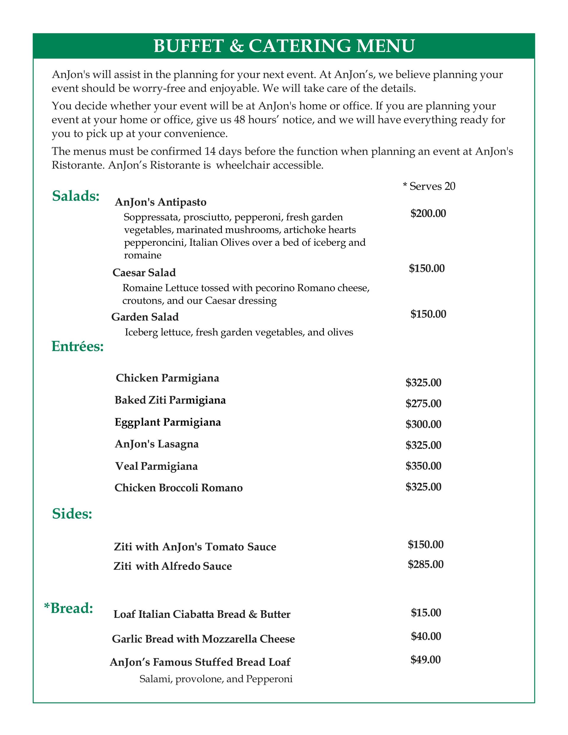 Green-and-white catering menu with sections for salads, entrées, sides, and desserts.
