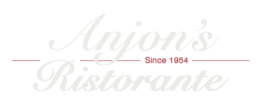 Anjon's Ristorante logo in pale pink script with red accent line and "Since 1954" text