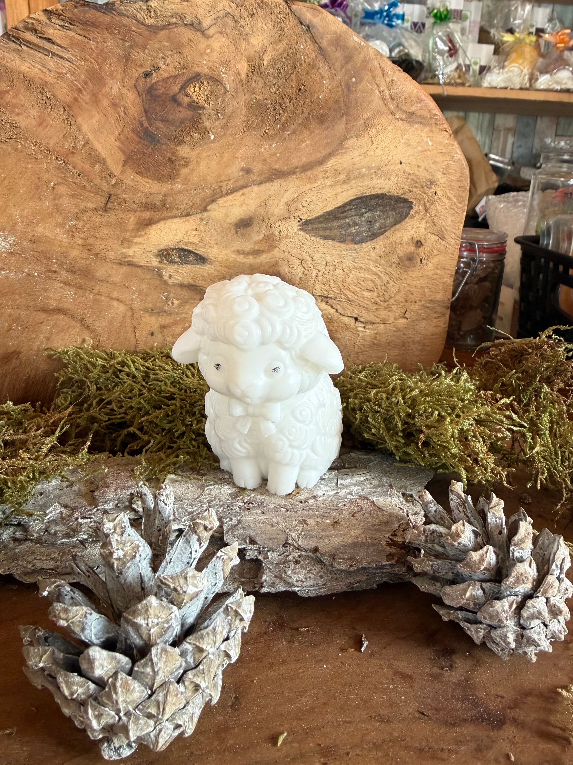 Een witte kaars in de vorm van een schaap staat op een houten plank, omringd door dennenappels en mos.