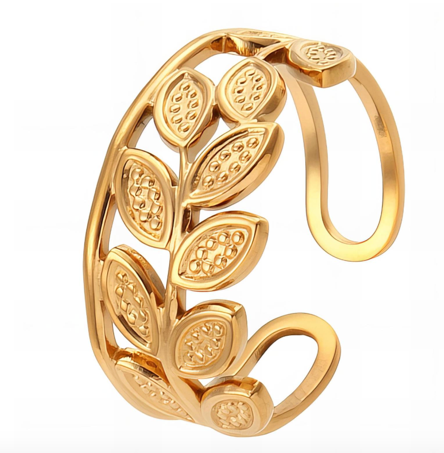 Goudkleurige, open ring met een bladmotief.