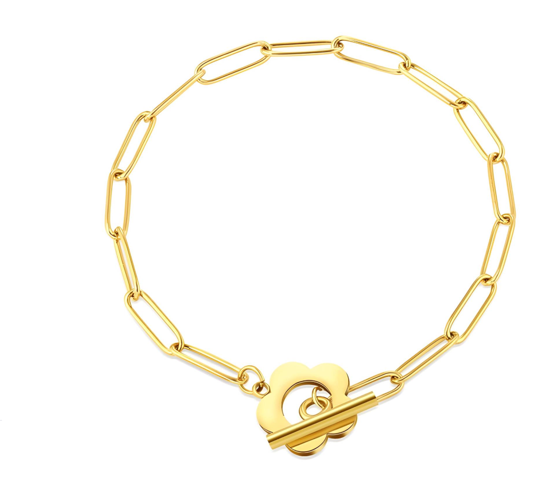 Goudkleurige armband met een bloemvormige sluiting en langwerpige schakels.