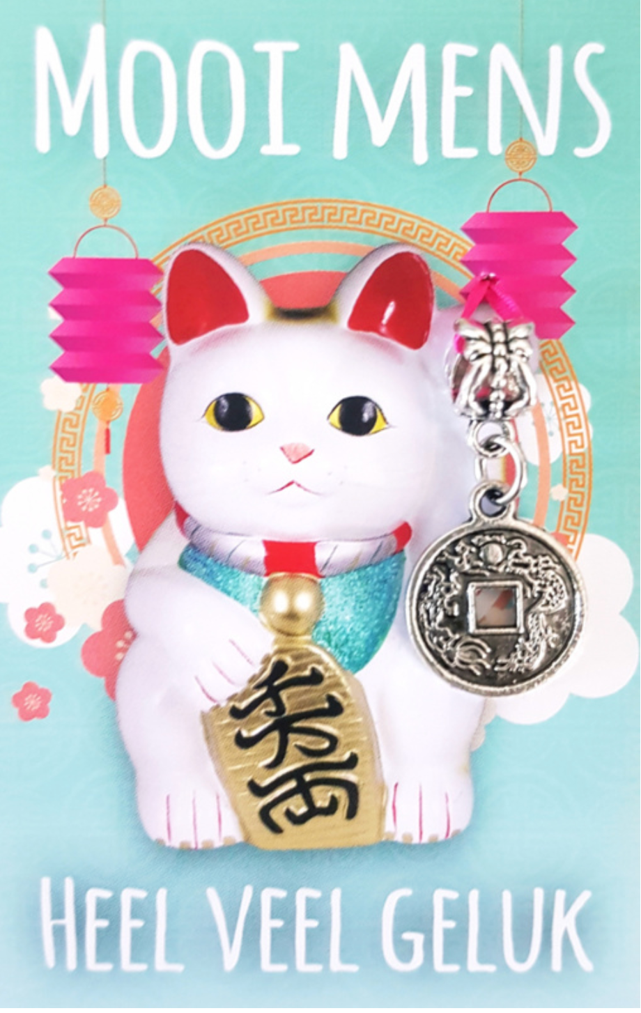 White lucky cat with gold charm, pink lanterns, blue background, text:
