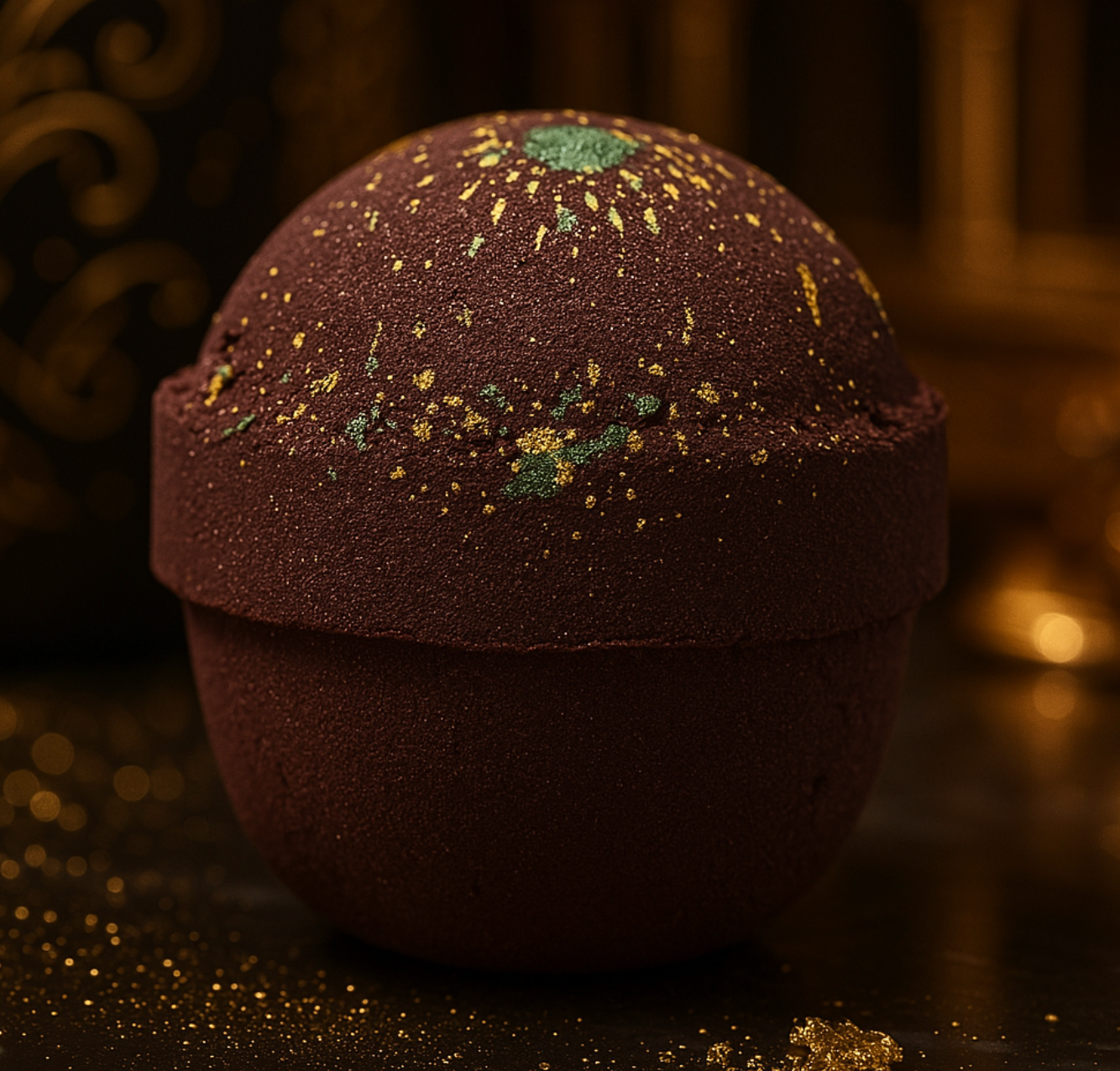 Donkerbruine bruisbal met gouden en groene glitters, staand op een donkere ondergrond.