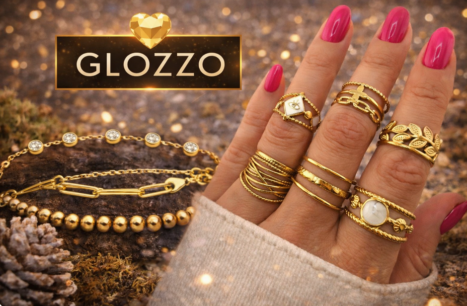 Hand met gouden ringen en een armband;