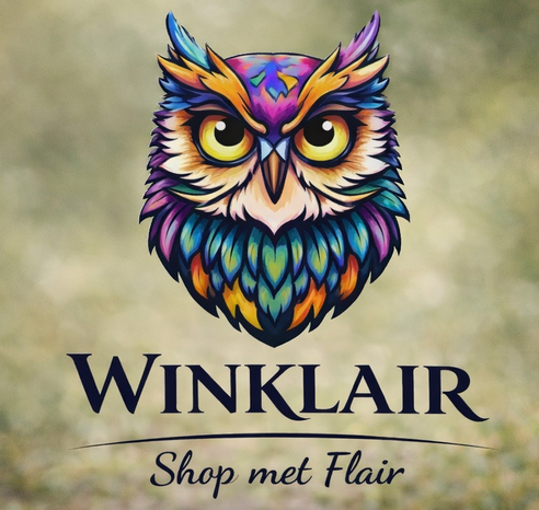 Kleurrijk uilenlogo voor Winklair, een winkel met stijl.