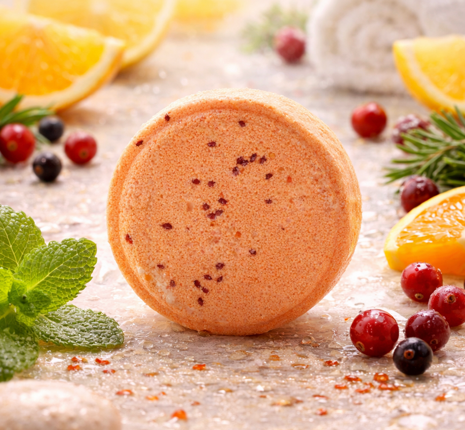 Sinaasappelbadbom met cranberry's, sinaasappelschijfjes en munt.