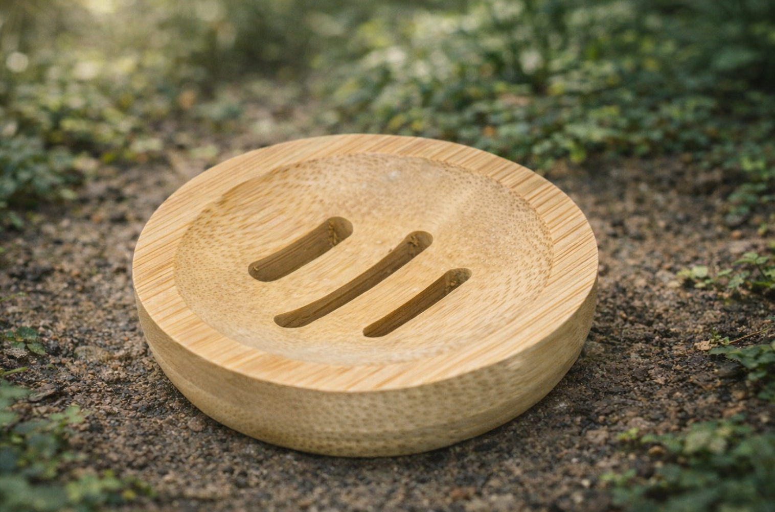 Houten zeepbakje met drie vakjes, voor buiten op de grond.