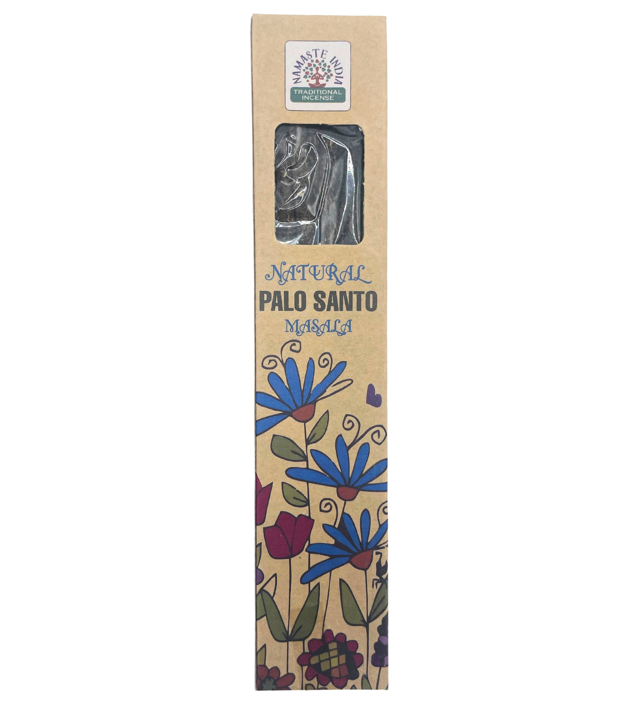 Palo Santo wierook met een seleniet houder en decoratieve botanische elementen, op een houten ondergrond.