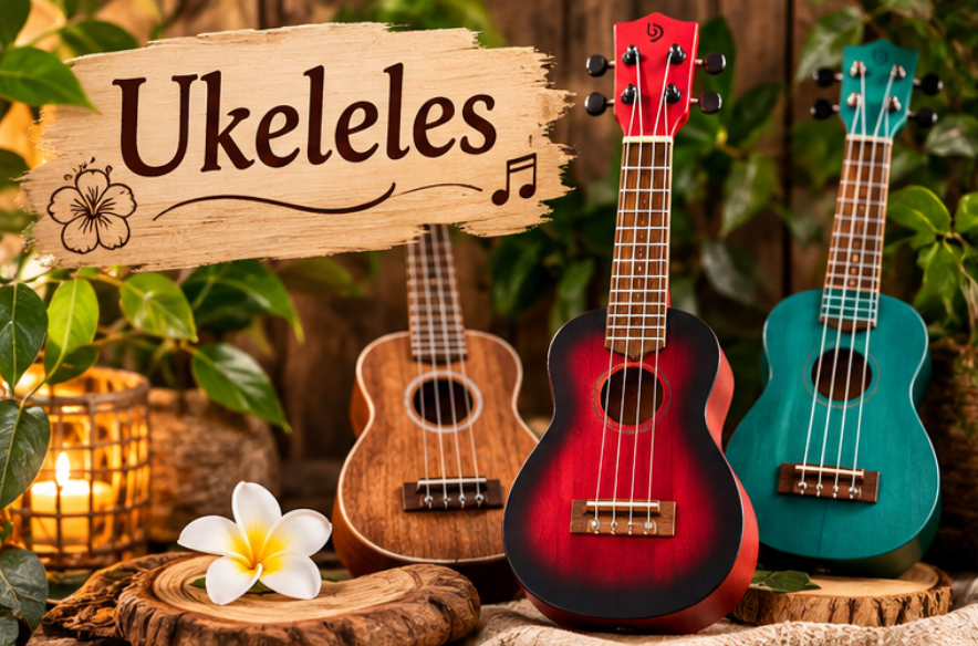 Drie ukeleles op een rustieke tafel naast een houten bordje met ‘Ukuleles’ en tropische bloemen