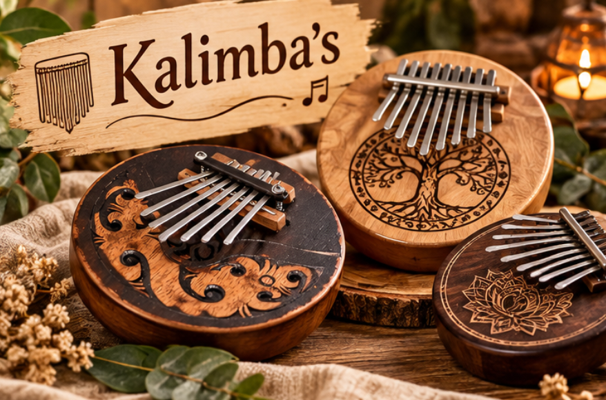 Kalimba’s op houten standaards, sfeervol verlicht met warm, rustiek licht en voorzien van decoratieve houtsnijwerken