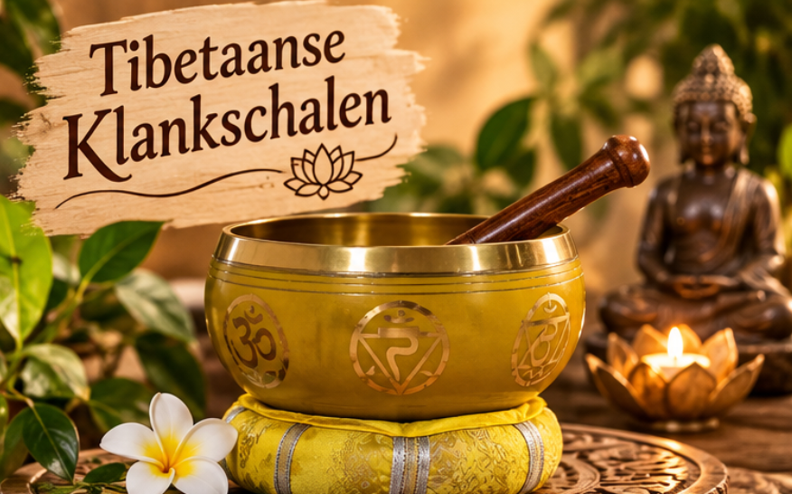 Set Tibetaanse klankschalen met klopper, Boeddhabeeld en kaarsen op een warme, geweven achtergrond