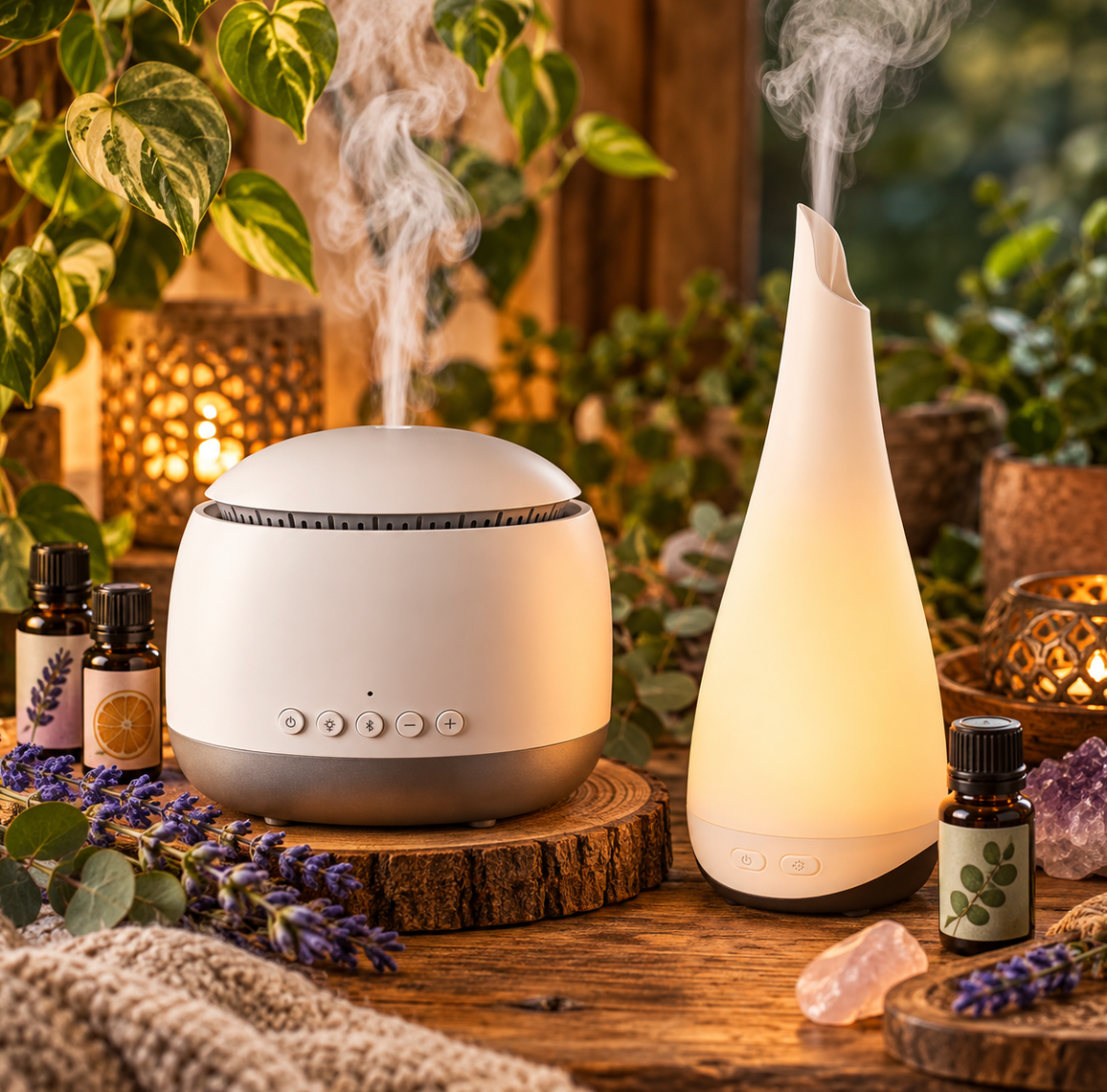 Een warm verlichte tafel met een witte etherische-oliediffuser en verschillende olien