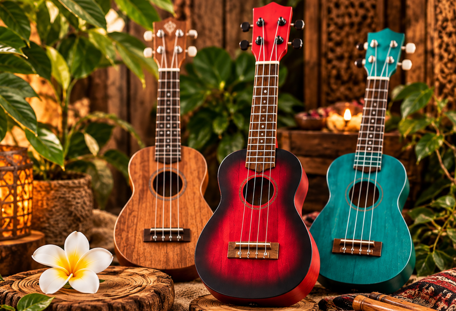 Drie kleurrijke ukeleles op stro in een warme, rustieke omgeving met bloemen en zachte verlichting