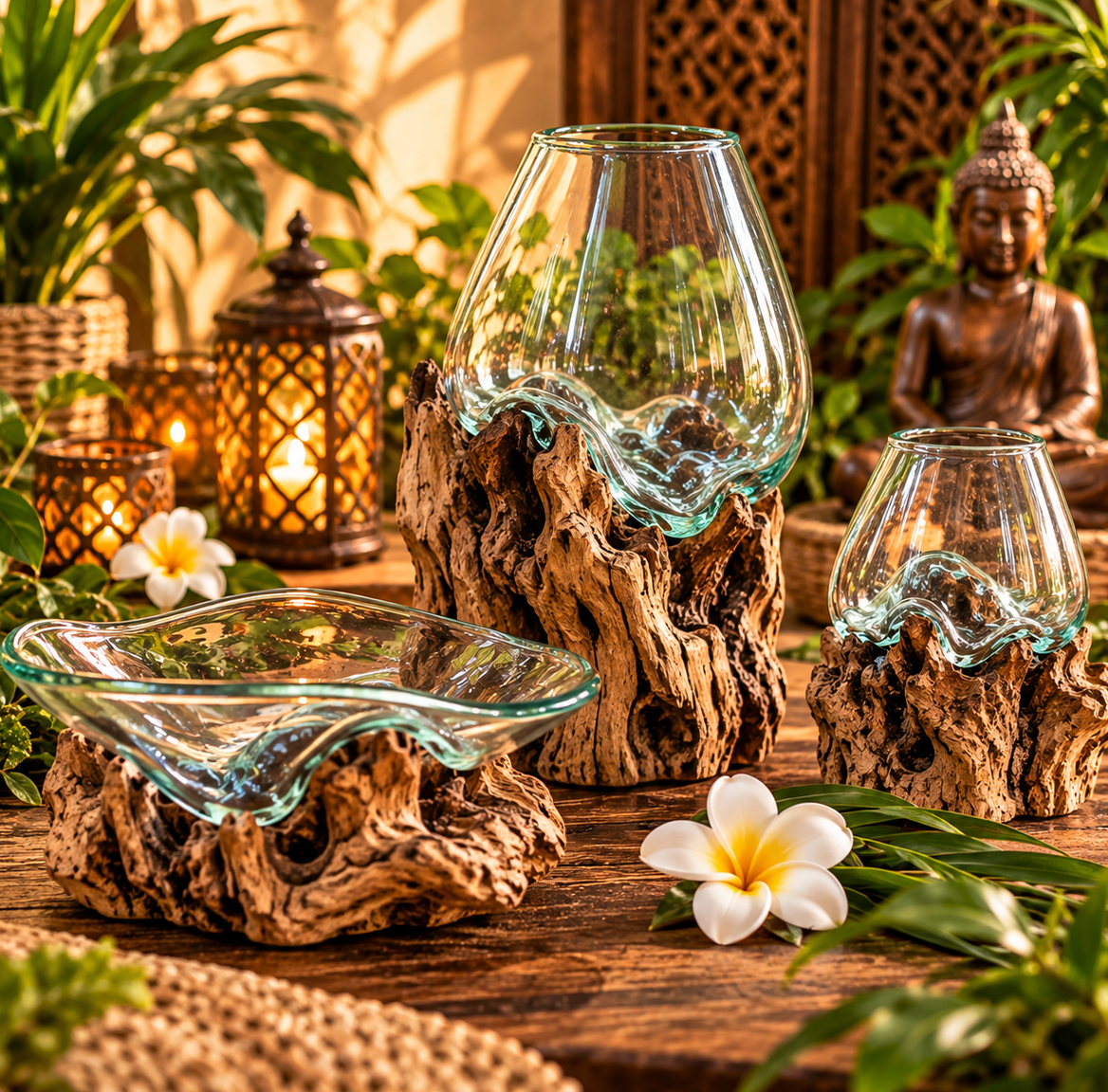 Display met glazen schalen op drijfhout, kaarsen, een Boeddhabeeld en witte bloemen in warm licht