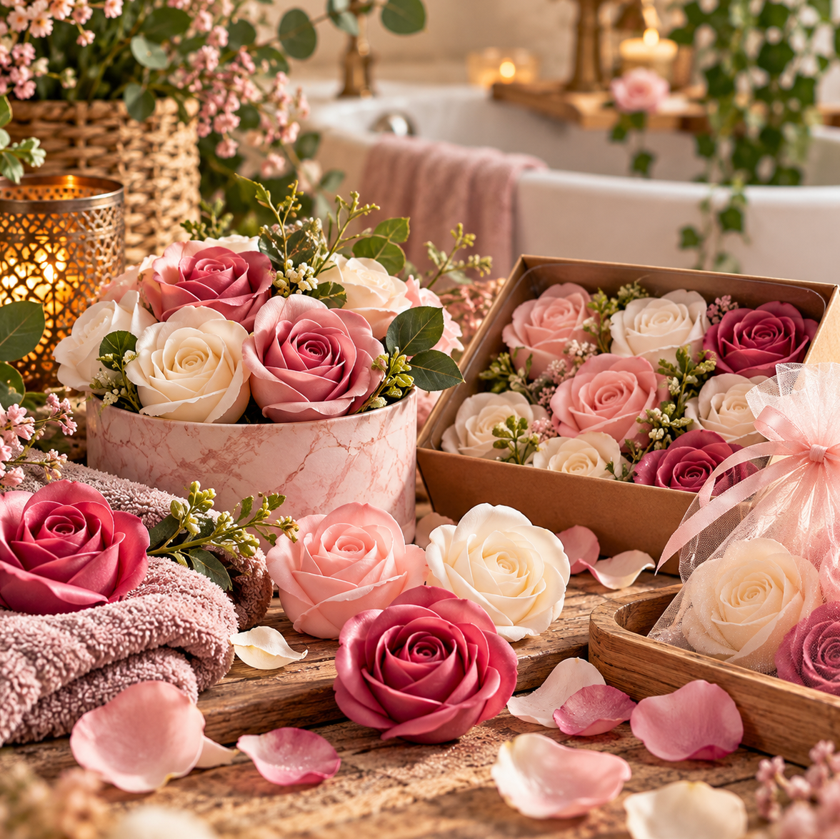 Roze rozen, met verspreide bloemblaadjes en kaarsen, in een zachte, bloemrijke setting