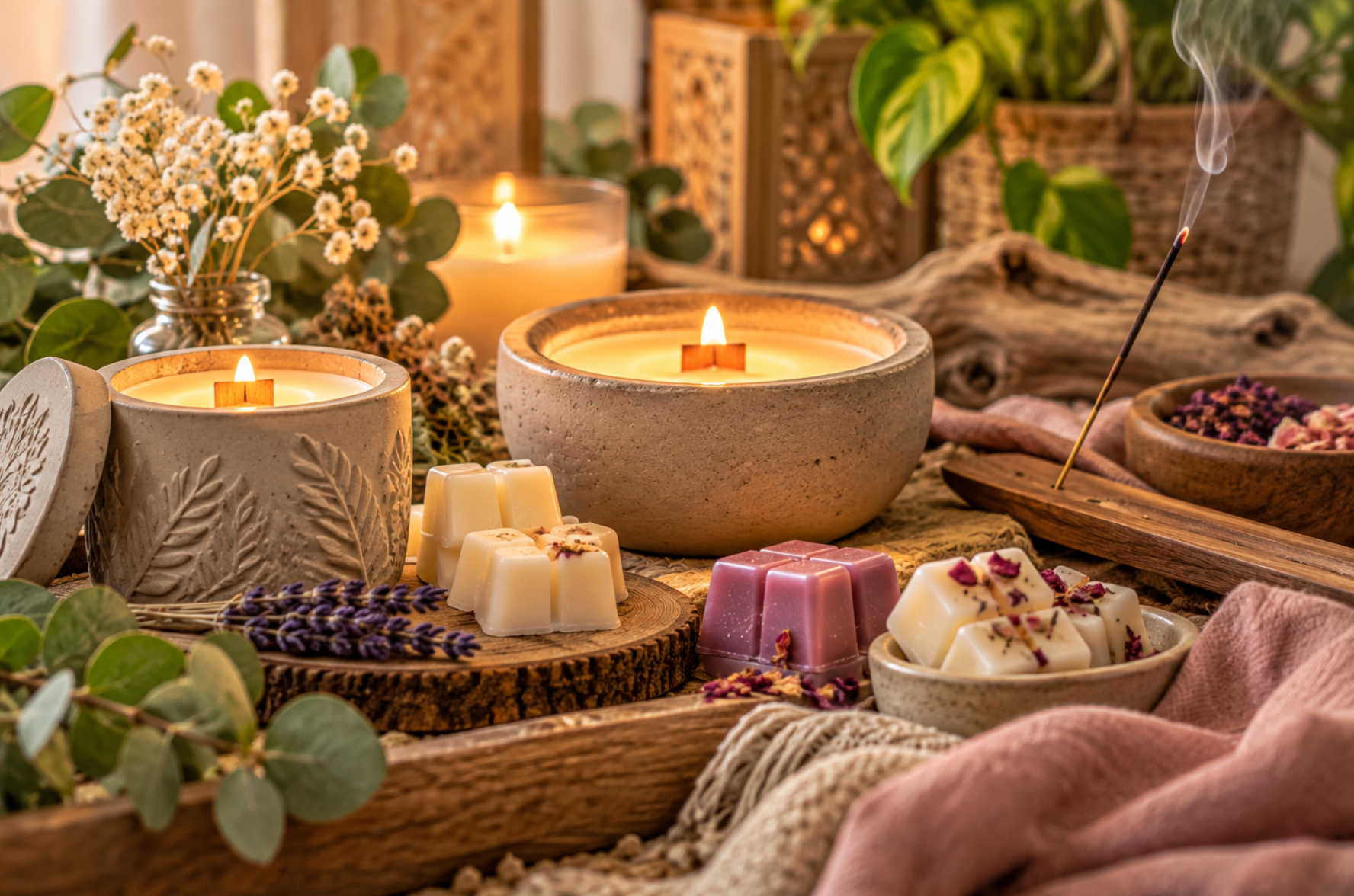Spa-kaarsen, lavendel, gedroogde bloemen en opgerolde handdoeken op een gevlochten dienblad in een warme, gezellige sfeer