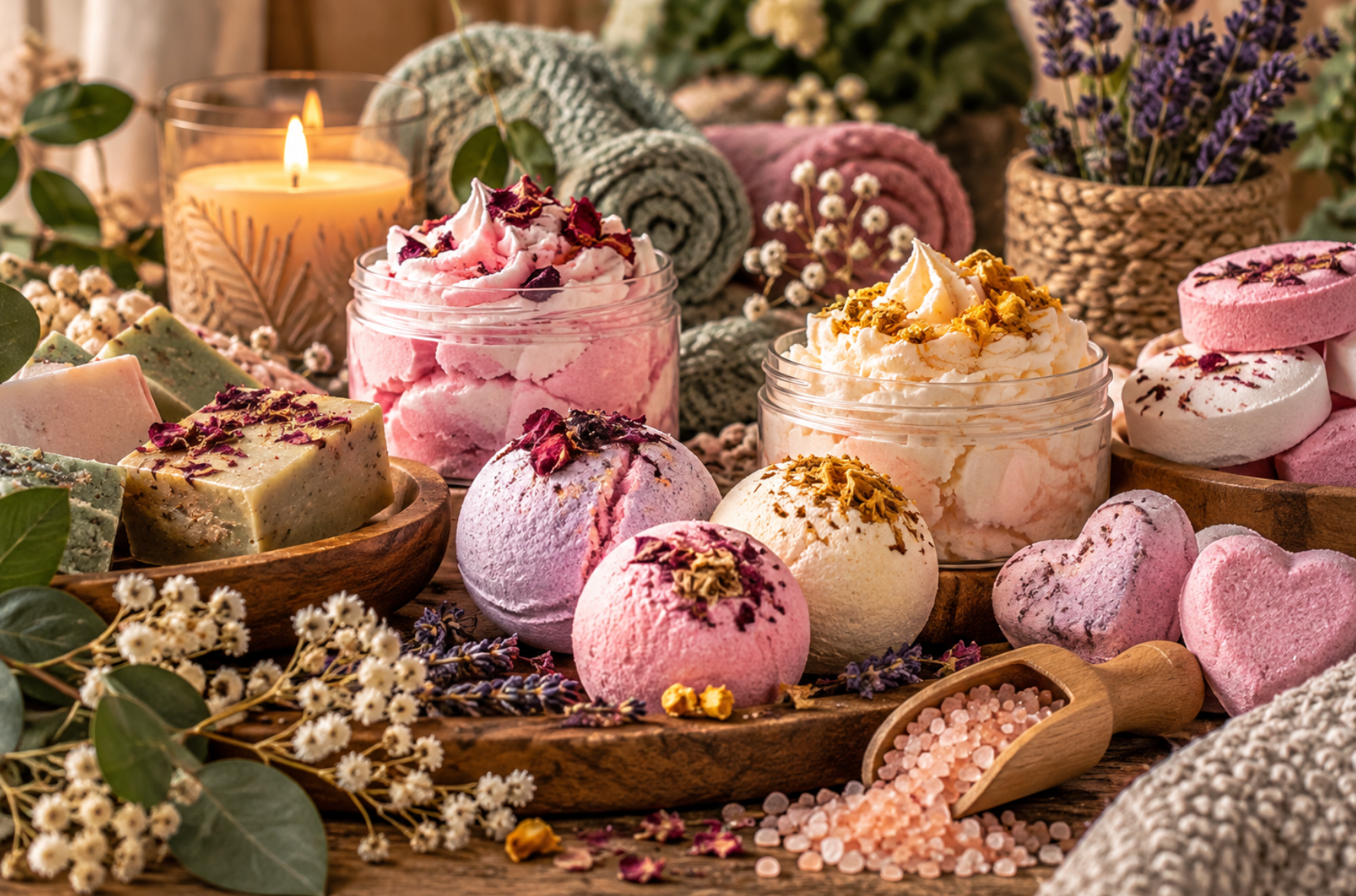 Roze, witte en gouden bruisballen en kaarsen, gerangschikt met droogbloemen.
