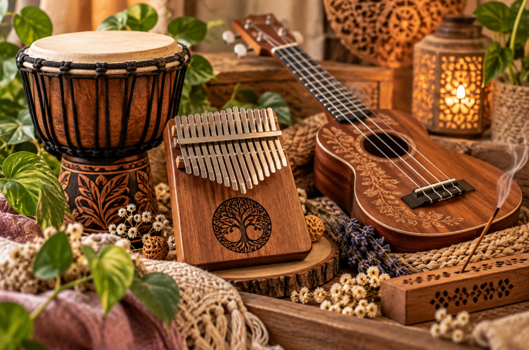 Tamboerijn, kalimba en ukelele op een rustieke tafel met warm kaarslicht en planten