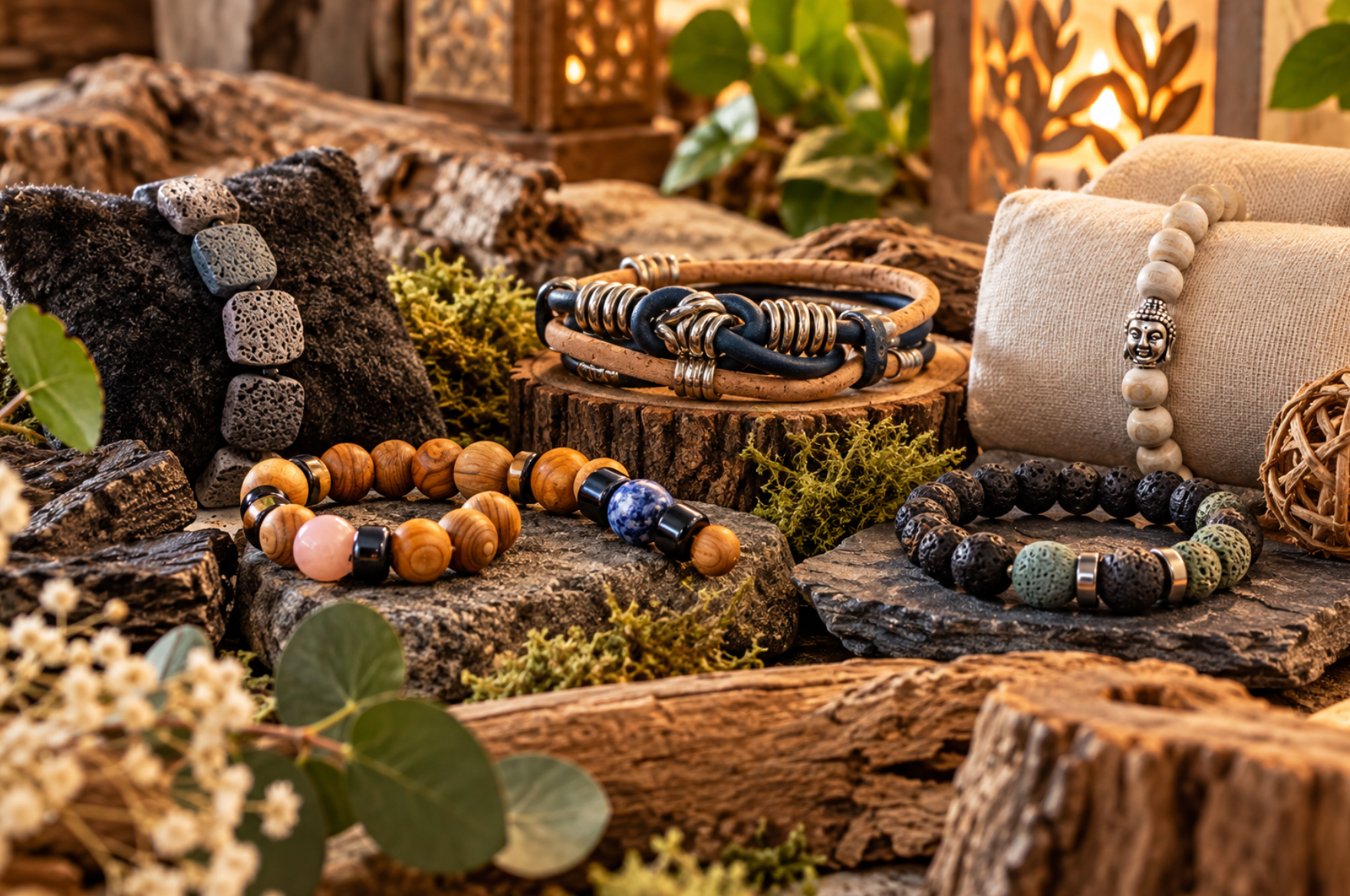 Diverse armbanden met kralen, uitgestald op rustiek hout met mos en zacht, warm licht