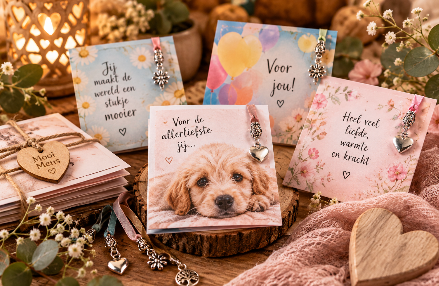 Mooi Mens kaarten met boodschappen, met een hondenportret en rustieke decoratie in warme tinten