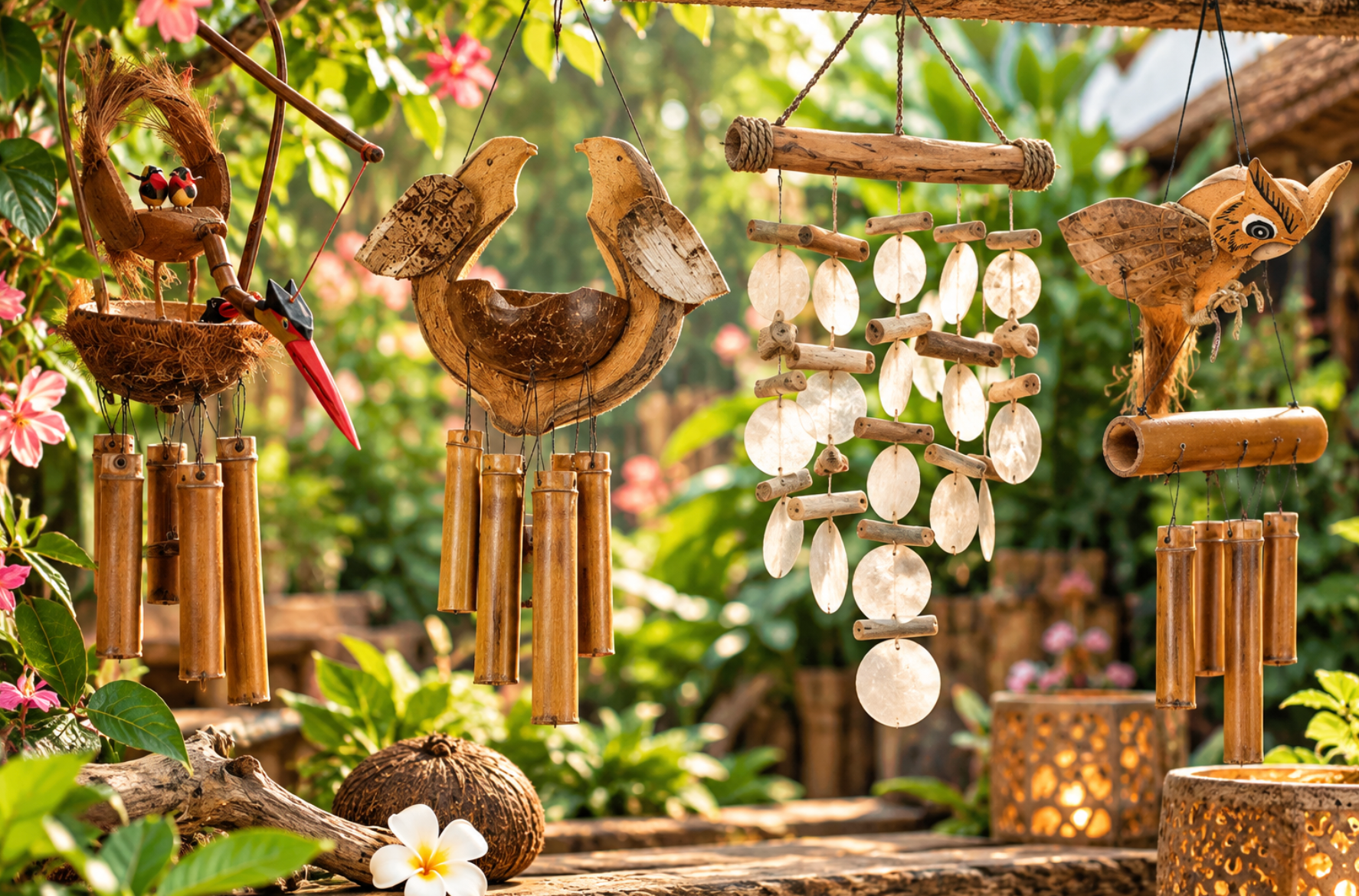 Decoratieve bamboe windgong en schelpenversieringen die in een zonnige tuin