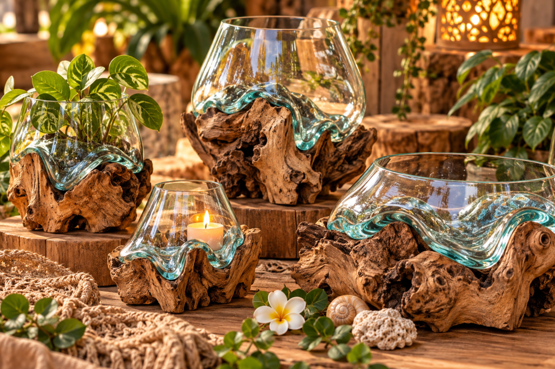 Rustieke glazen terrariums op houten standaards met groene planten en witte bloemen in warm, sfeervol licht