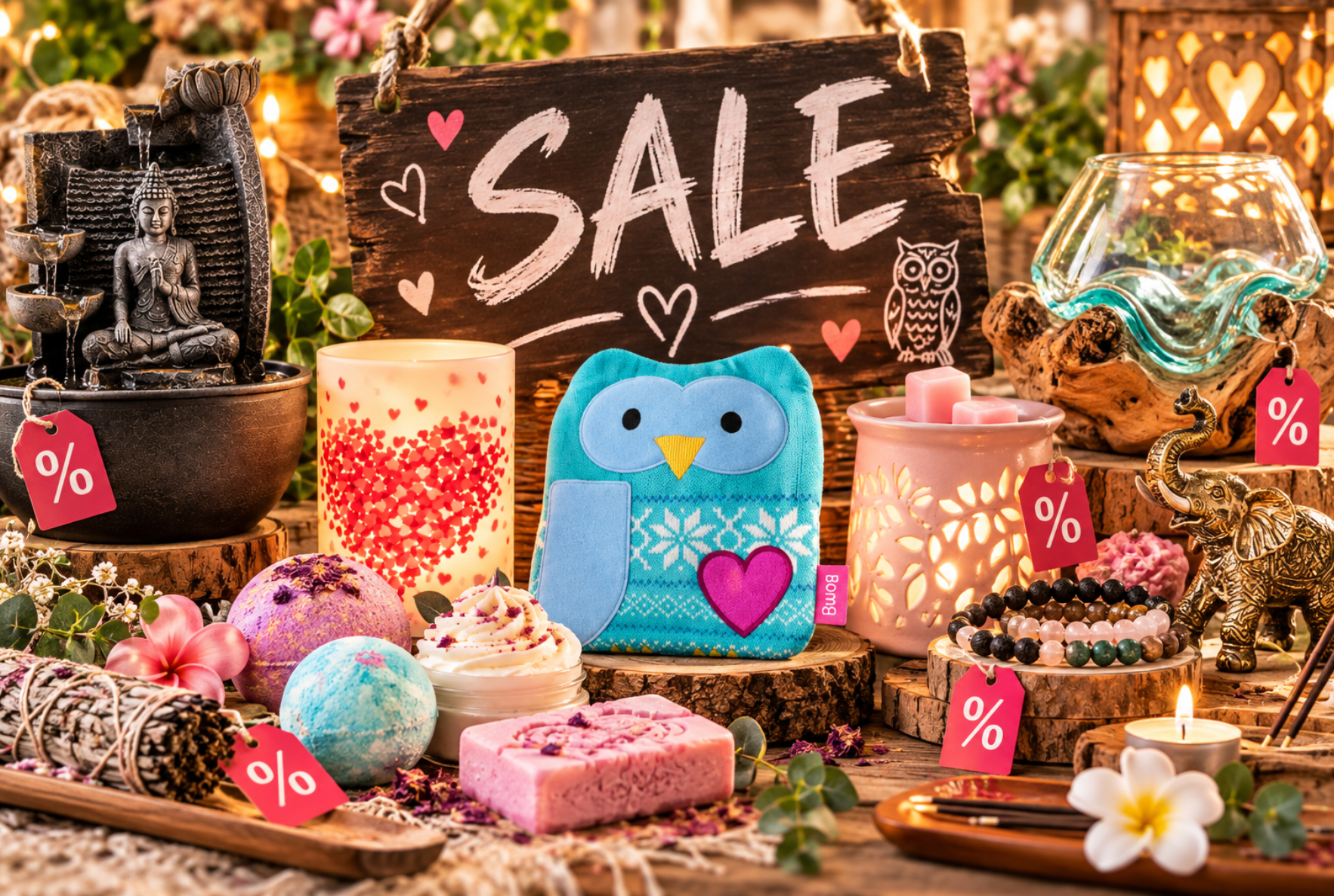 Kleurrijke cadeaus met een bordje met “SALE”, kaarsen, uilendecoratie en versieringen